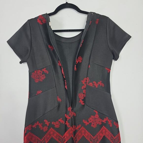 Halo Womens Size S Black Red Velvet Floral Sheath Mini Dress Gothic Office - Picture 6 of 13